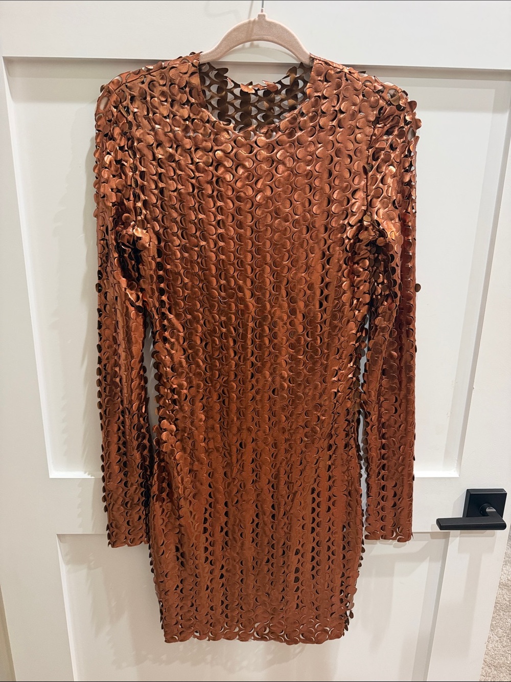 Copper Sequin Cutout Long Sleeve Mini Dress